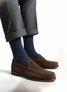 CALZE LUNGHE A COSTINA IN CALDO COTONE E CASHMERE BLU